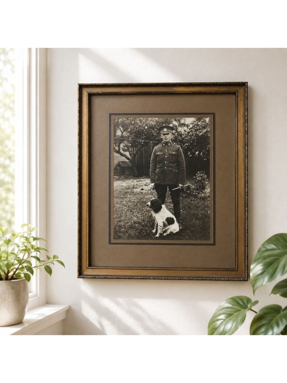 Framed Vintage Photograph Of Soldier With Dog Gold-Tone Frame 47th Battalion Ins